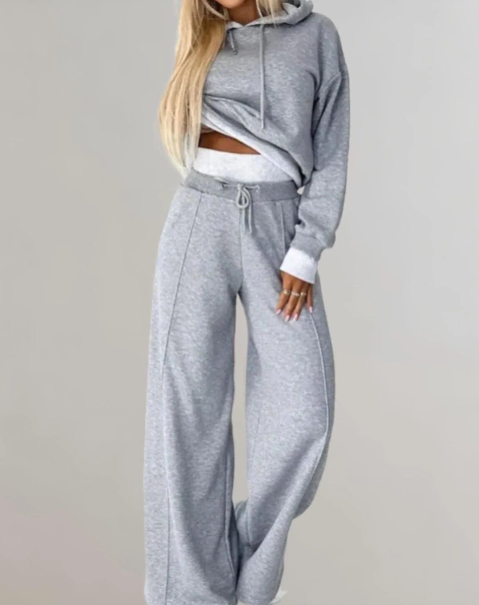 Women's two-tone cropped hoodie jogger set athleisure adjustable waist drawstring coordinated outfit