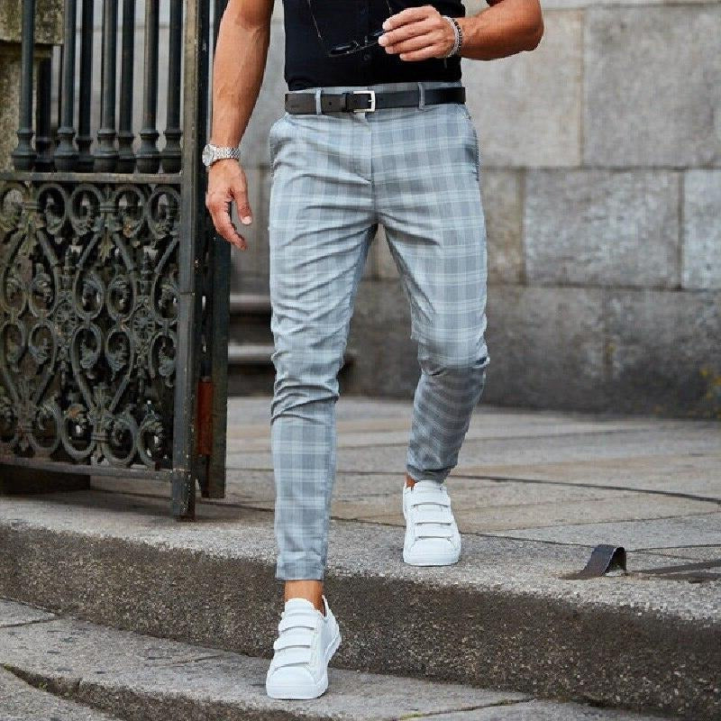 Men's modern plaid checked trousers versatile slim cut casual semi-formal comfortable easy-wear style