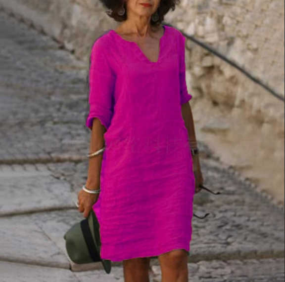 Women casual loose fit midi dress with V-neckline, straight silhouette, everyday chic style