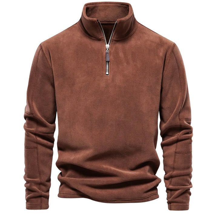 Men's half-zip fleece sweater soft warm lightweight layering essential with adjustable zip neckline