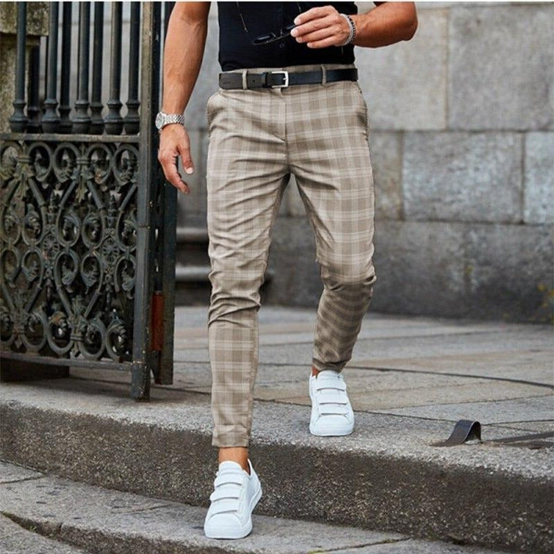 Men's modern plaid checked trousers versatile slim cut for casual and semi-formal wear