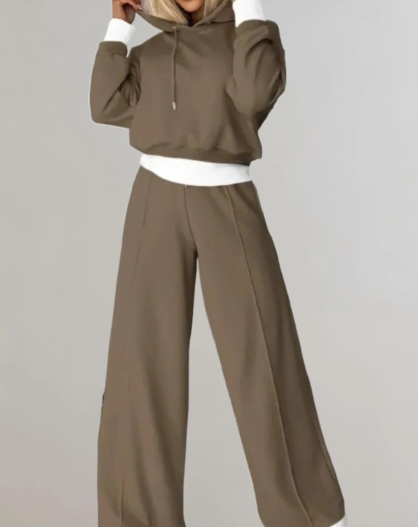 Women's two-tone cropped hoodie jogger set athleisure adjustable waist drawstring matching outfit