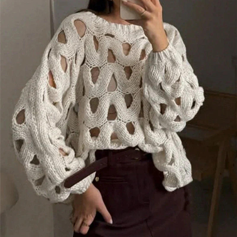 Women's cream open-weave knit sweater relaxed silhouette with airy sculptural texture for layering