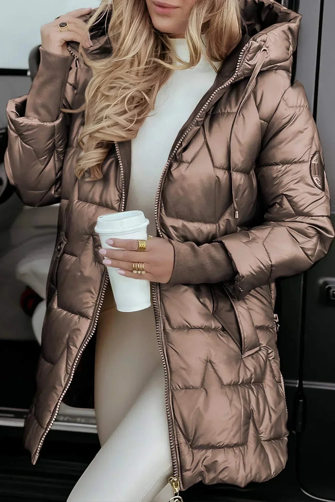 Women's long quilted puffer coat hooded sleek slim fit cold weather warmth everyday layering