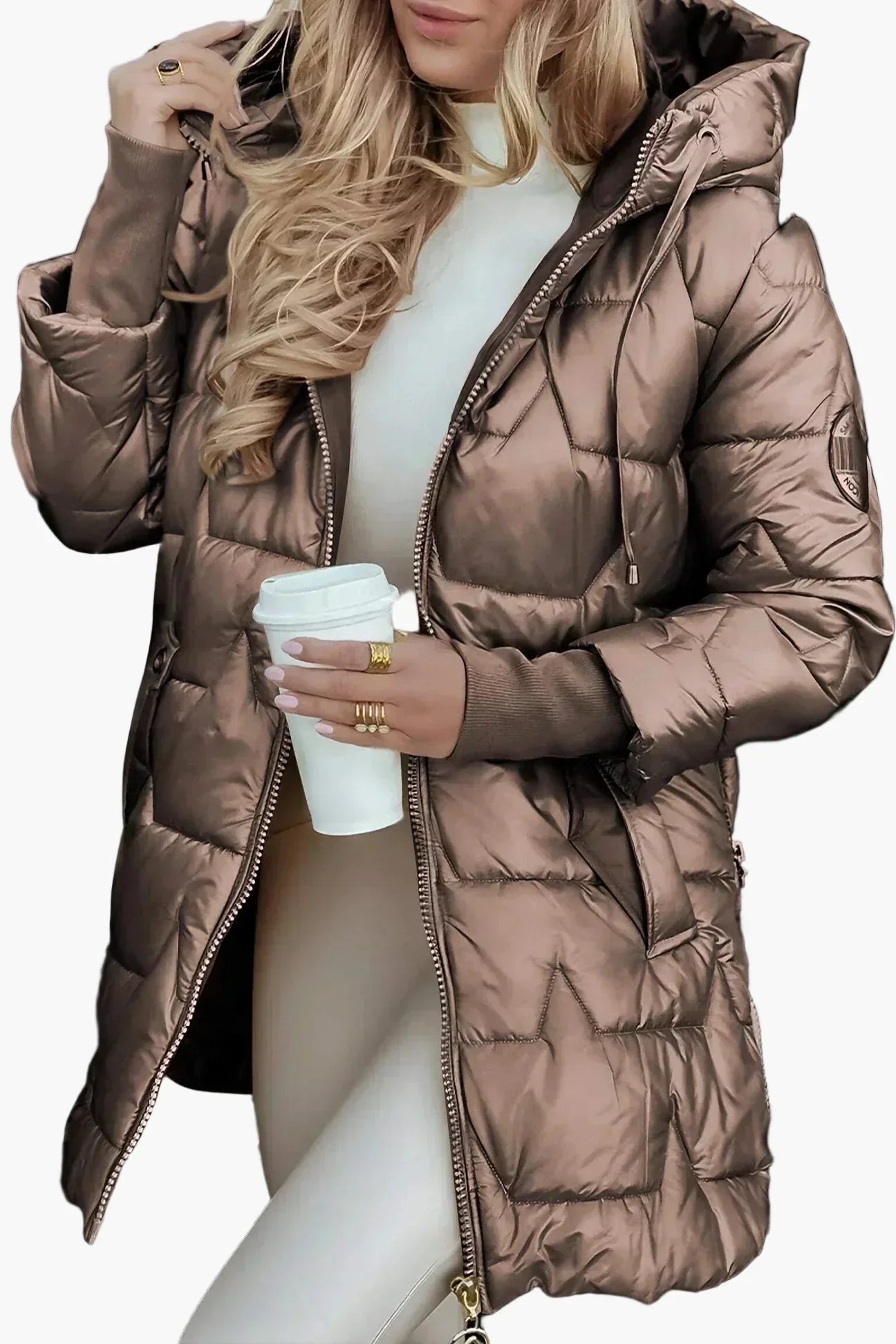 Women's elegant long hooded puffer coat sleek elongated silhouette full-coverage winter warmth