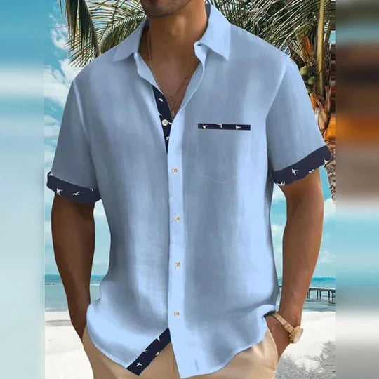 Grey men's tailored-fit short sleeve shirt with structured cut for casual and dress wear