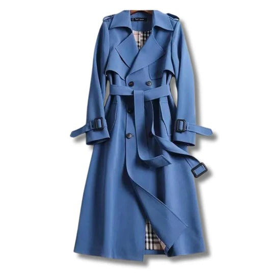 Beige long professional trench coat adjustable waist water-resistant tailored fit cold weather outerwear