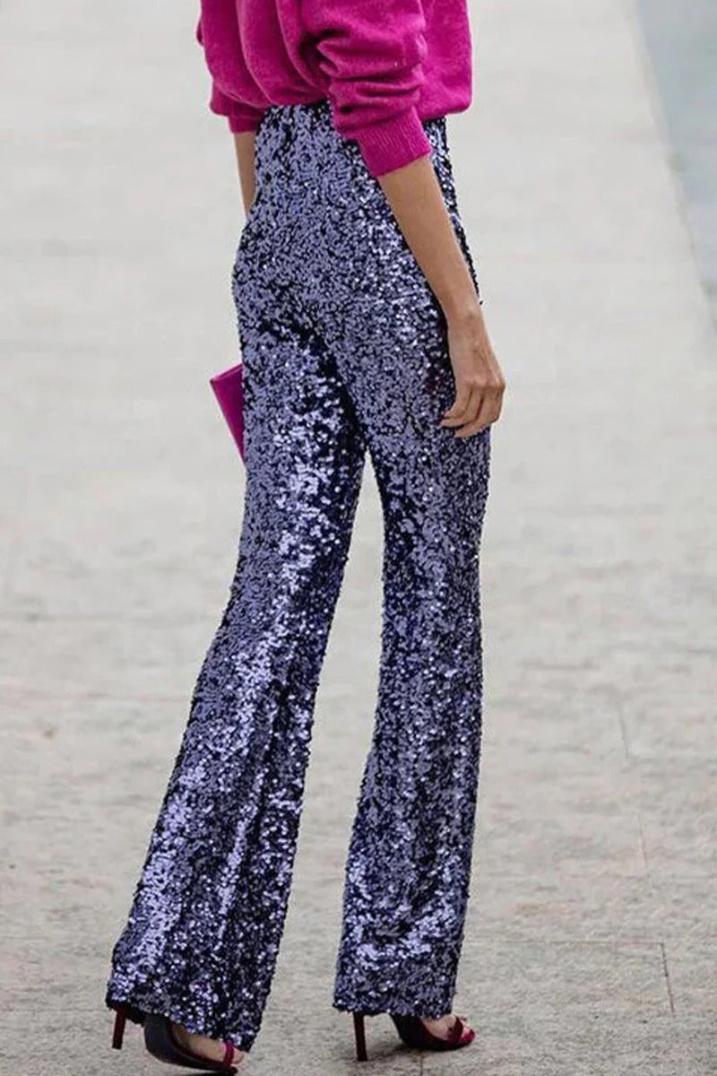 Women's silver sequin slim fit full-length trousers with shimmering finish for glam evening wear