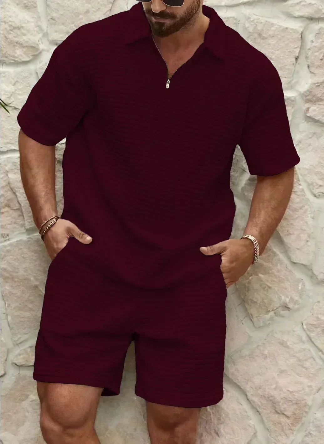 Men's light blue cotton blend 2-piece shirt and shorts set with relaxed beach-ready summer fit