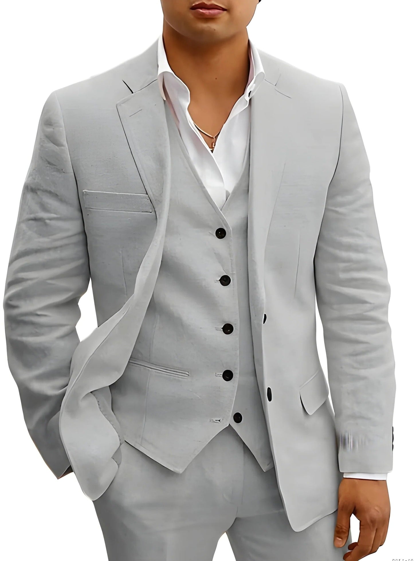 Men's light beige three-piece summer suit slim-fit jacket waistcoat trousers breathable beach wedding