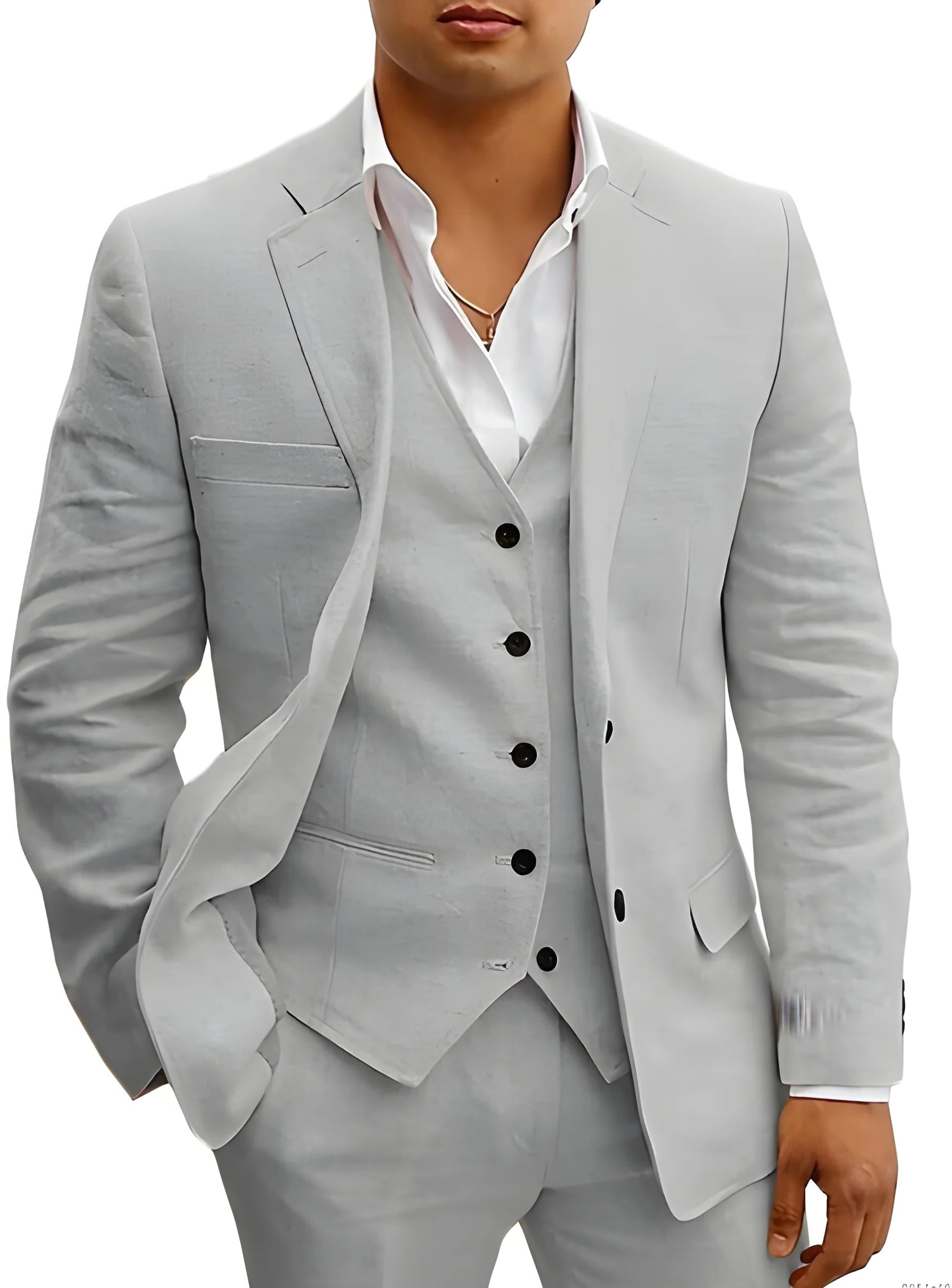 Men's light beige three-piece summer suit slim-fit jacket waistcoat trousers breathable beach wedding