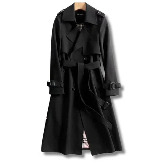 Beige full-length professional trench coat with adjustable waist belt and water-resistant tailored fit