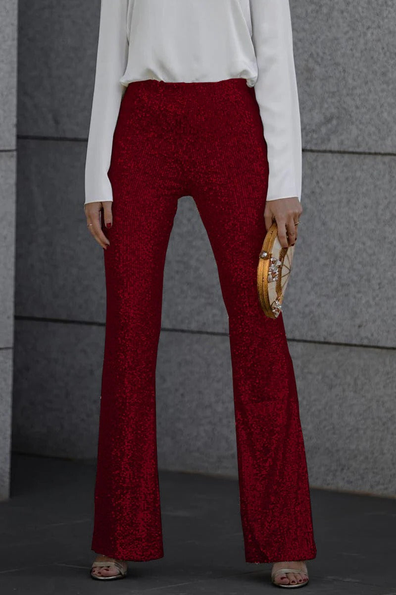Women's slim fit full-length silver sequin trousers with shimmering finish for glam evening wear