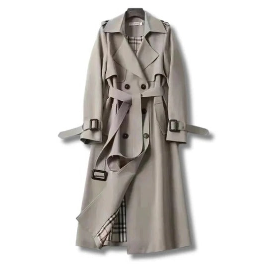Beige full-length professional trench coat with adjustable waist belt and water-resistant finish
