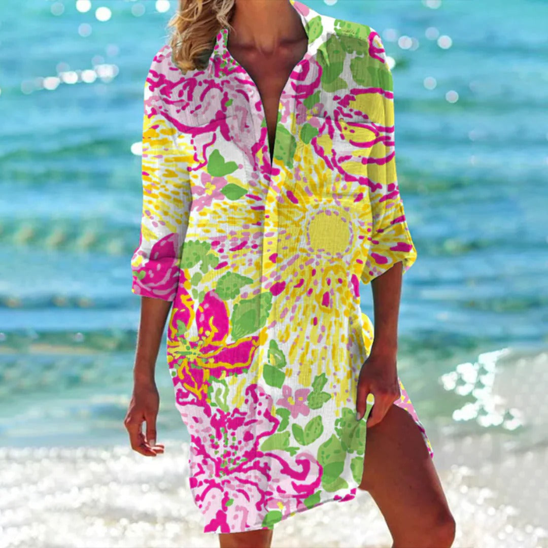 Coralie | Women's Tropical Print Shirt Dress 3/4 Sleeve Beach Cover Up