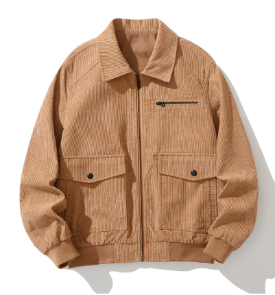 Men's brown corduroy full-zip jacket retro style with front pockets and two-way zipper