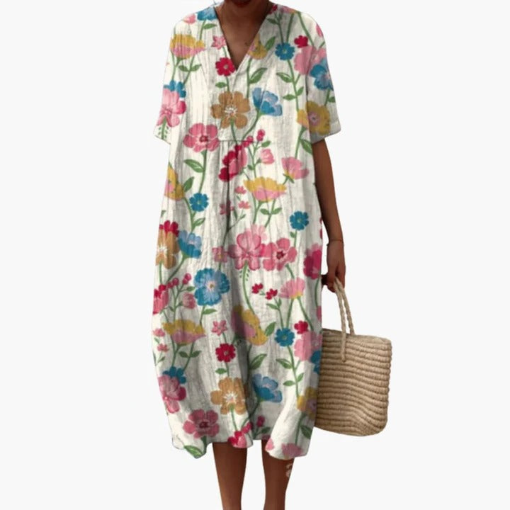 Floral print women's summer midi dress, relaxed breathable fit, flowing silhouette for everyday chic