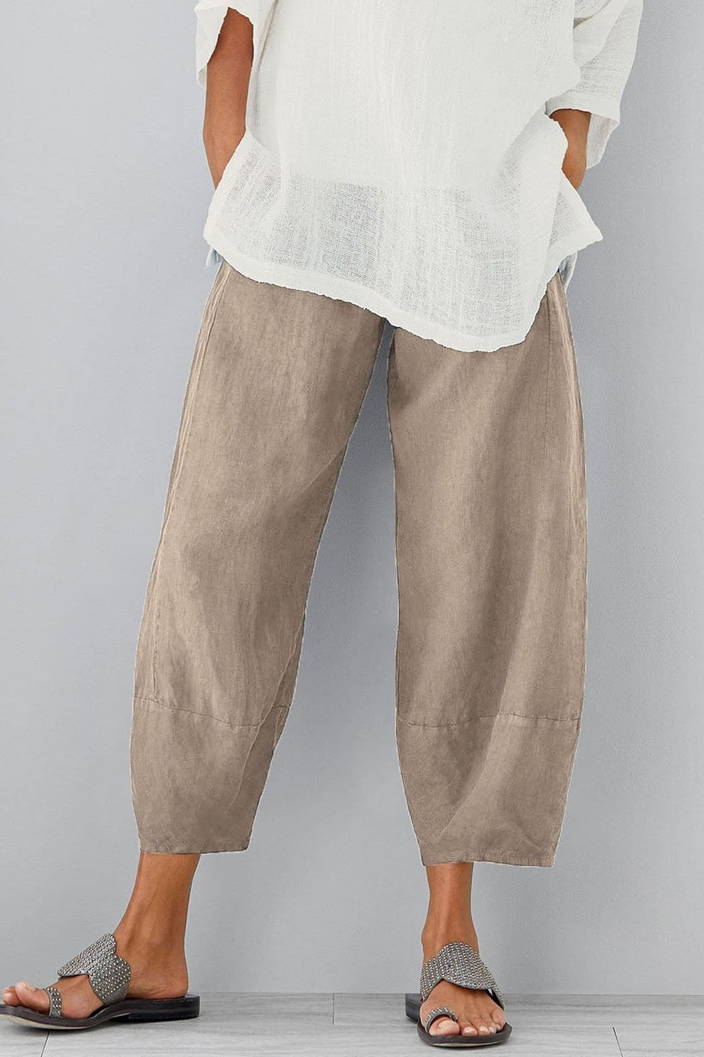 Women's casual loose wide-leg pants with pockets, high-rise elastic waist, relaxed everyday style