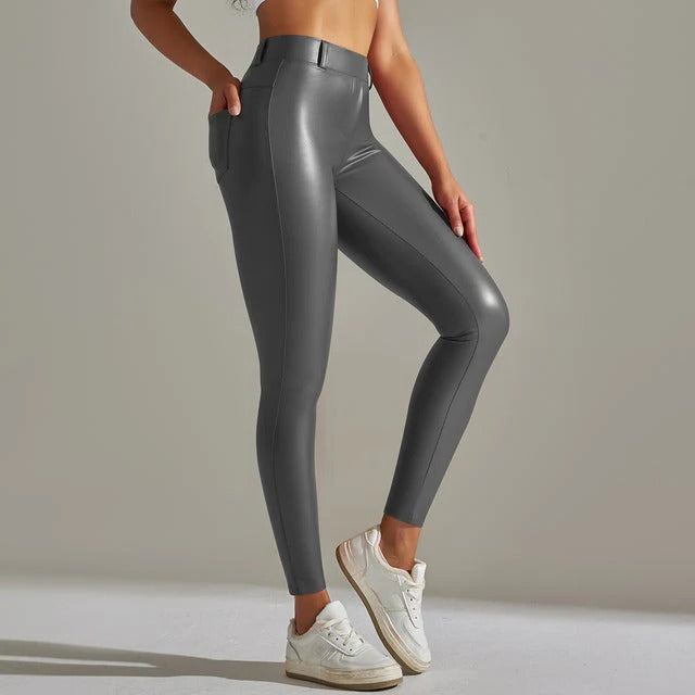 Women's shiny high-waist leggings in glossy slim fit with stretchy fabric for fashion-forward style