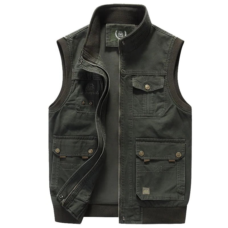 Men's vintage utility vest with multi-pocket system, sleeveless layering piece for outdoor adventures