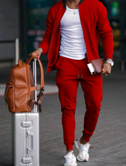 Men's gray casual tracksuit zipper jacket tapered joggers travel set durable comfort modern fit