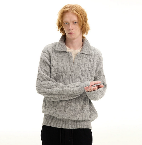 Men's cream cable knit relaxed fit sweater with soft open collar and ribbed cuffs