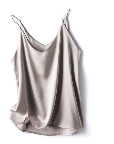 Women's silk satin cami top with spaghetti straps, V-neck halter detail, lightweight luxury fit