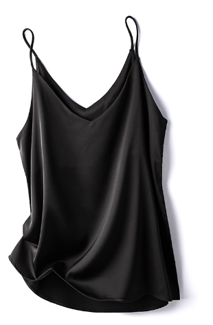 Women's silk satin cami top with spaghetti straps and V-neck halter detail in flattering lightweight fit
