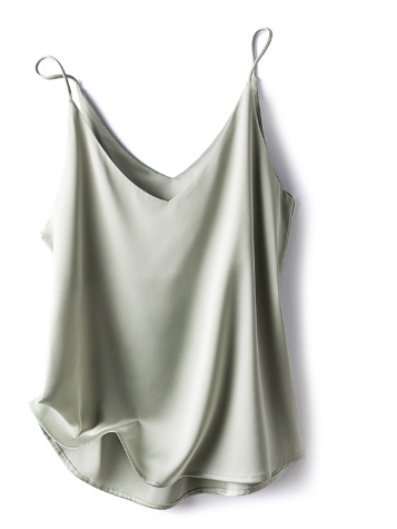 Women's silk satin cami top with spaghetti straps and V-neck halter detail in lightweight luxury