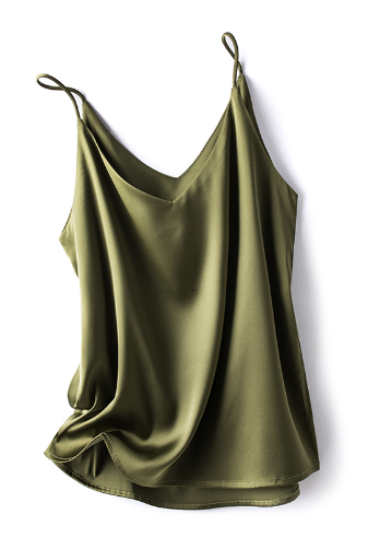 Women's ivory satin silk cami top with spaghetti straps and V-neck halter detail