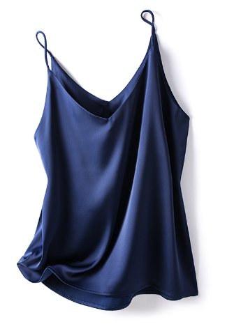 Women's satin silk cami top with spaghetti straps, V-neck halter detail, flattering lightweight fit