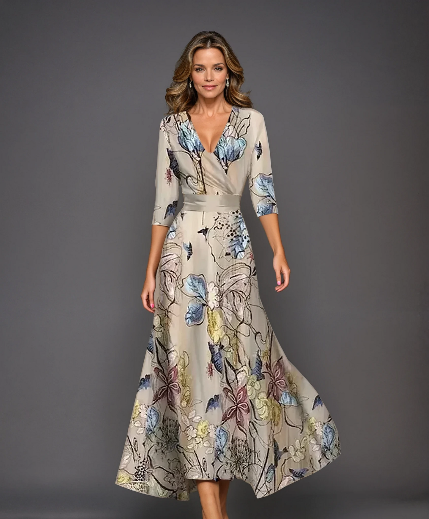 Women's floral wrap midi dress with V-neckline, fluid drape, and softly structured silhouette