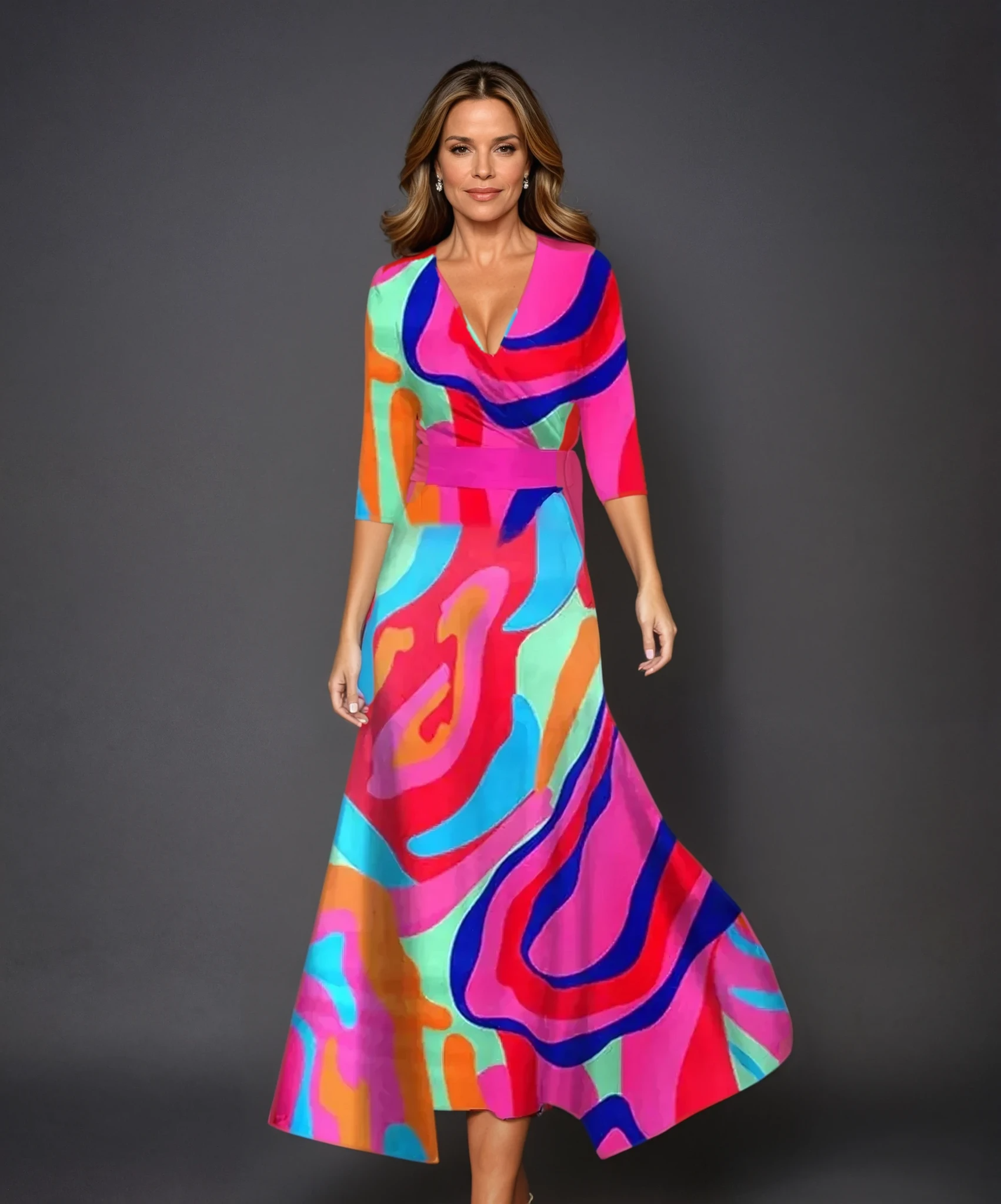Women's floral wrap midi dress with V-neckline, fluid drape, and softly structured silhouette