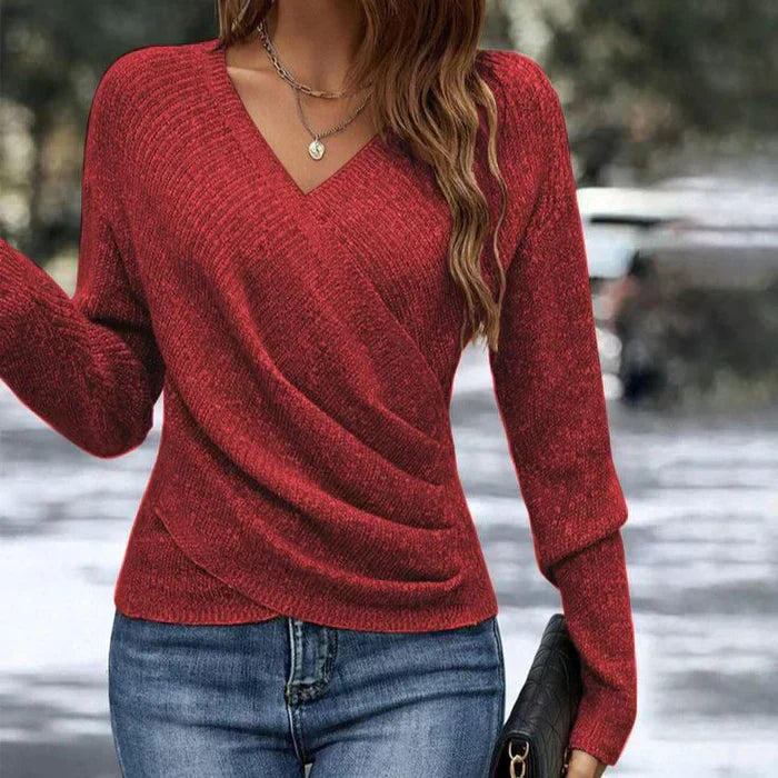 Women's beige lightweight knit wrap-front V-neck sweater with flattering silhouette