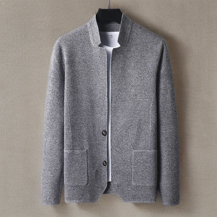 Men's slim-fit cashmere knit cardigan with stand collar and deep pockets in neutral tone