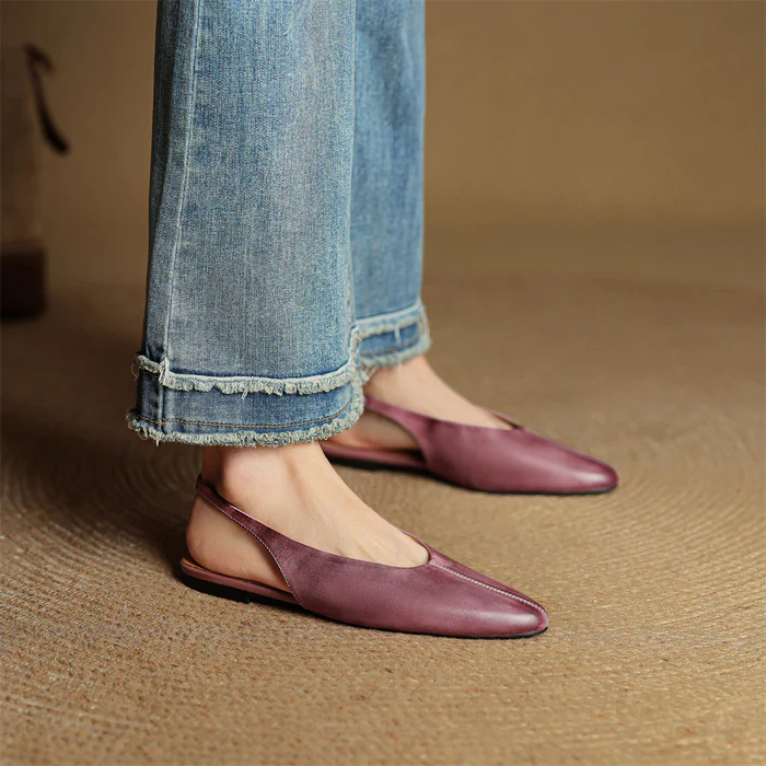 Women's genuine leather pointed-toe slingback flats in minimalist style with elegant slim strap