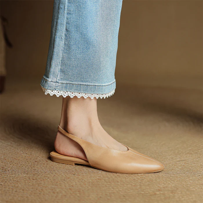 Women's genuine leather pointed-toe slingback flats in minimalist style with elegant strap detail