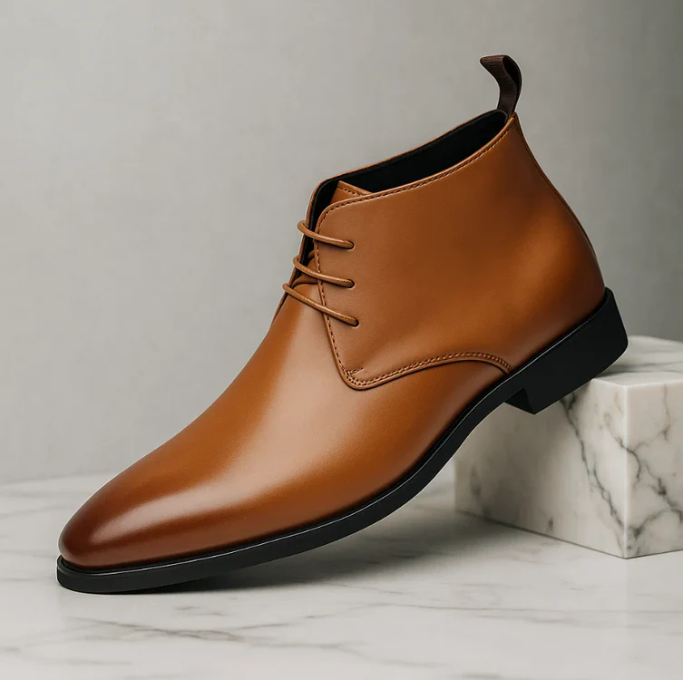 Men's polished leather chukka boots in classic brown with cushioned interior lining