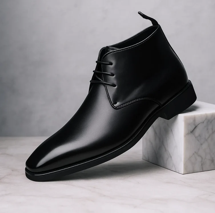 Men's polished leather chukka boots in classic brown with cushioned lining and sleek ankle-high silhouette