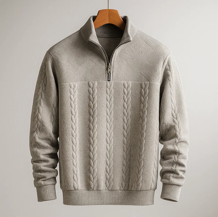 Men's cable knit sweater in neutral tone, structured fit with quarter-zip collar in soft jacquard cotton