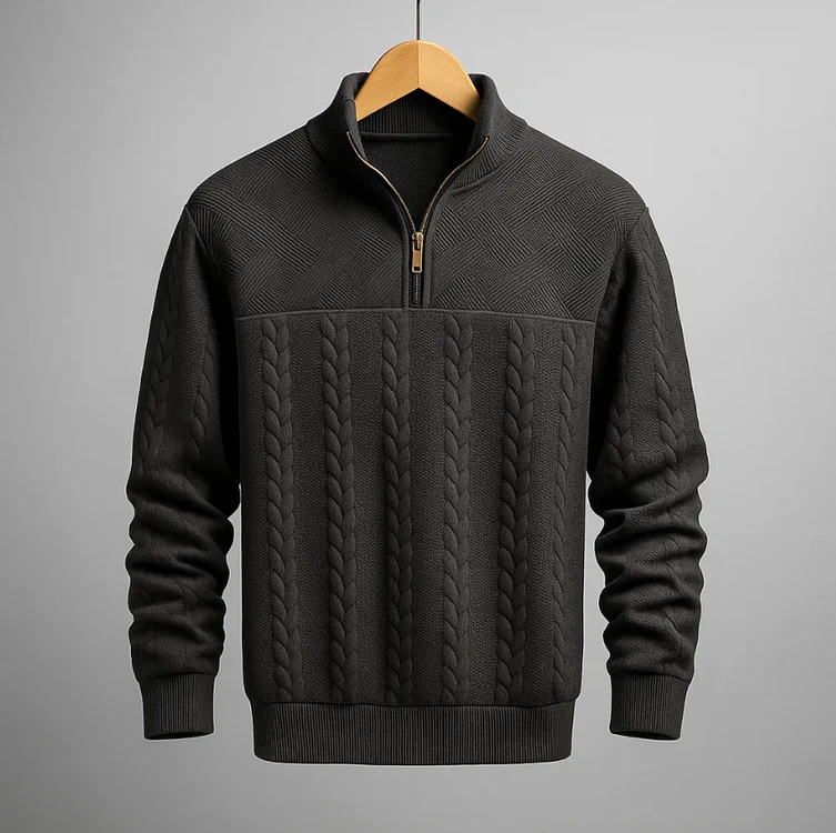 Men's cable knit sweater in neutral tone, structured fit with quarter-zip collar in soft jacquard cotton