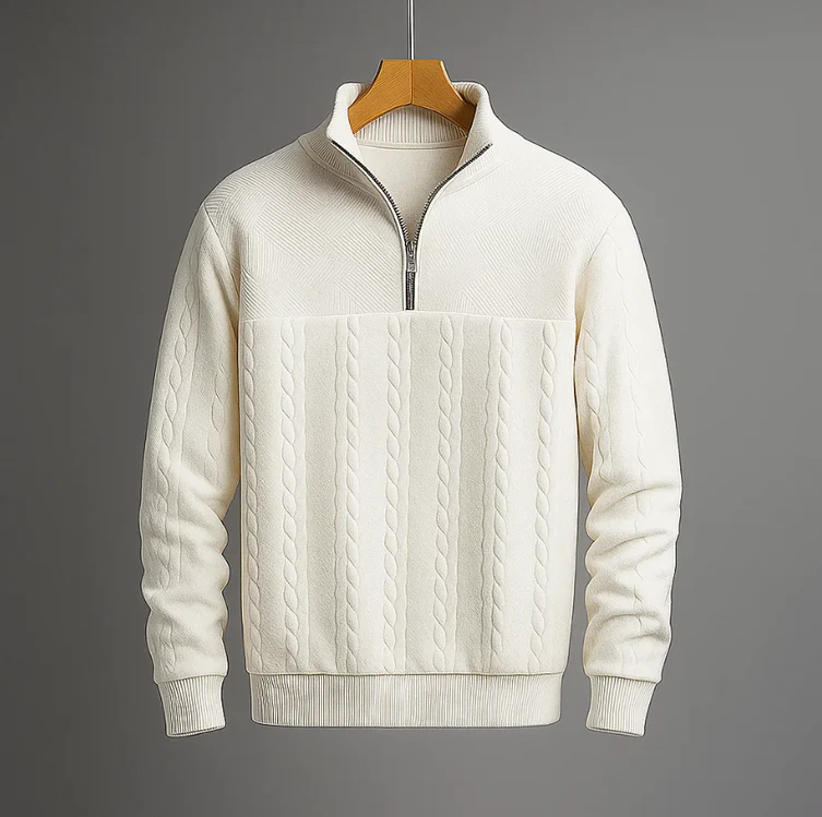 Men's cable knit sweater in neutral tone, structured fit with quarter-zip collar in soft jacquard cotton