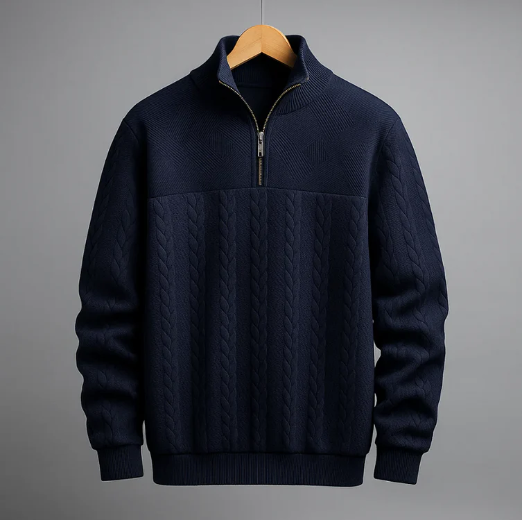 Men's cream cable knit sweater with quarter-zip collar, structured fit in soft jacquard cotton