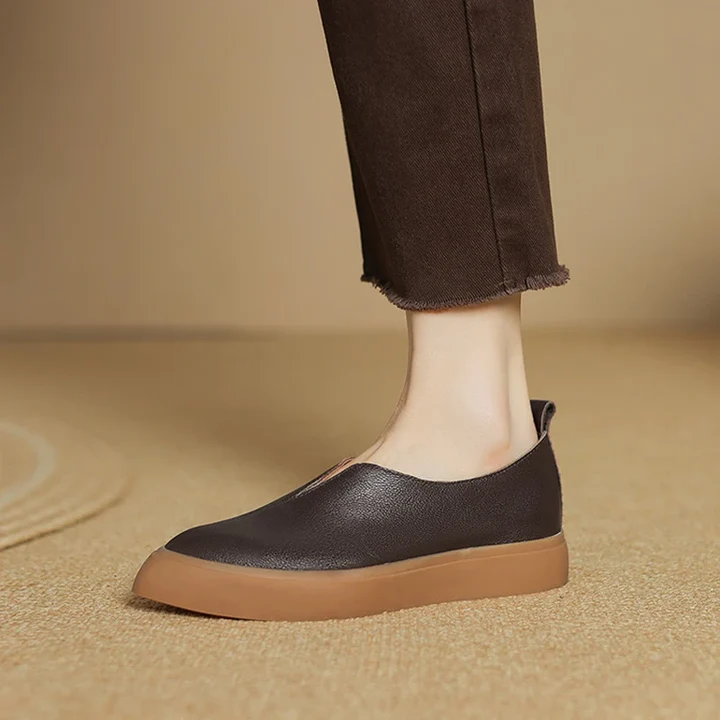 Women's genuine leather loafers minimal platform silhouette timeless tan slip-on style