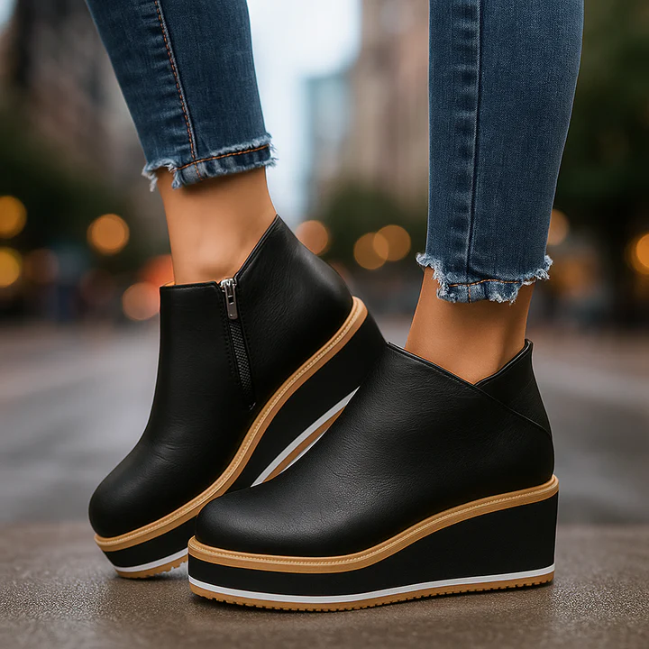 Women's black soft leather platform boots with cushioned sole and sleek polished silhouette