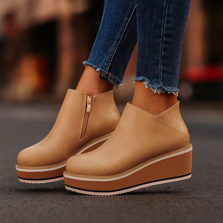 Women's black soft leather platform boots with cushioned sole and sleek all-day comfort silhouette