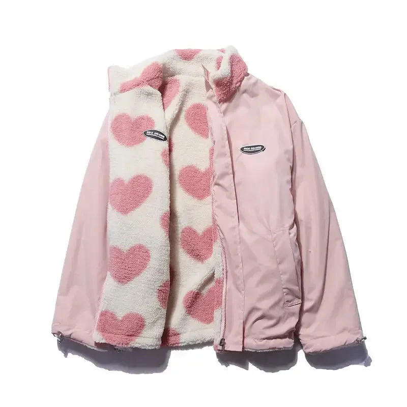 Women's reversible plush fleece jacket lightweight windproof shell dual-look two-in-one casual outerwear