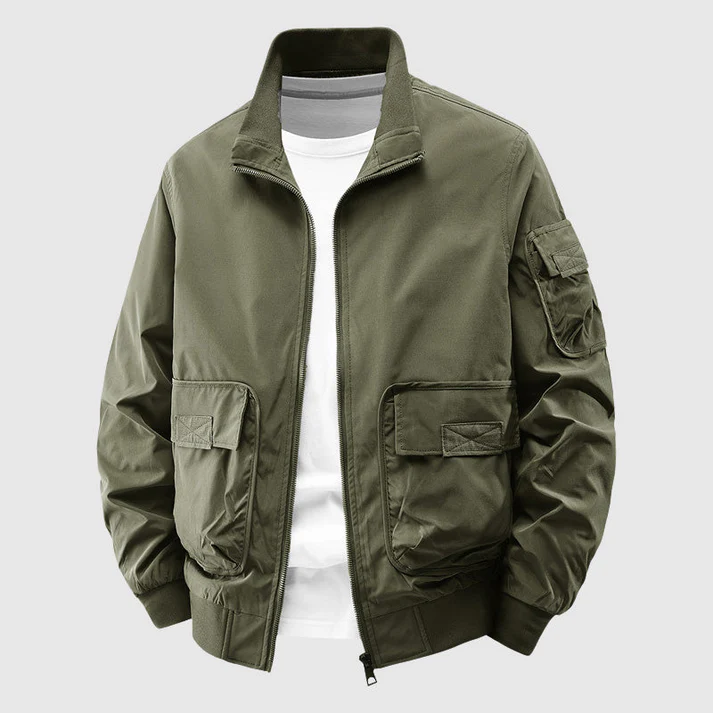 Men's heavyweight olive utility bomber jacket with deep reinforced pockets and wind-resistant shell