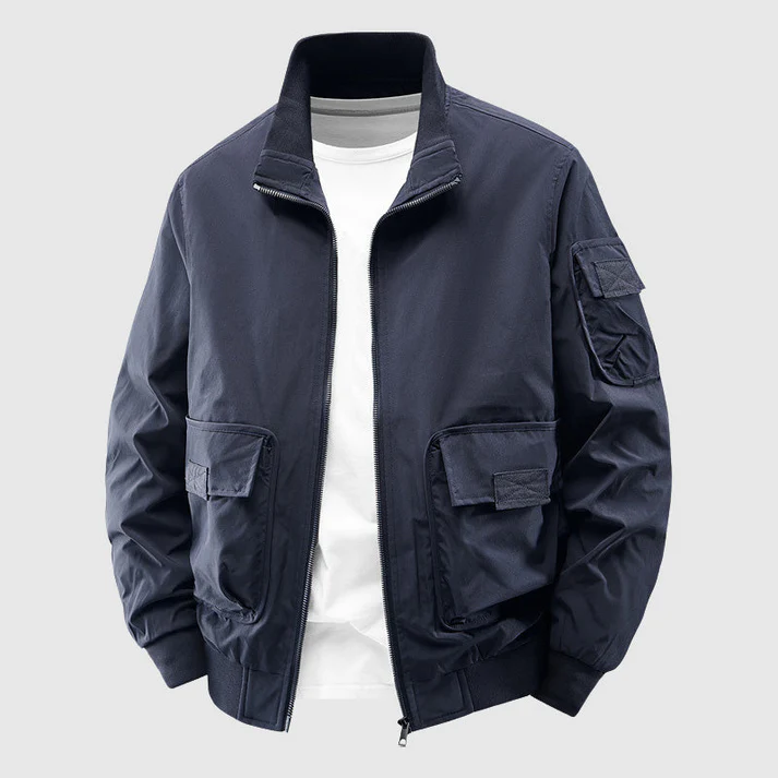 Men's heavyweight olive utility bomber jacket with deep reinforced pockets and wind-resistant shell