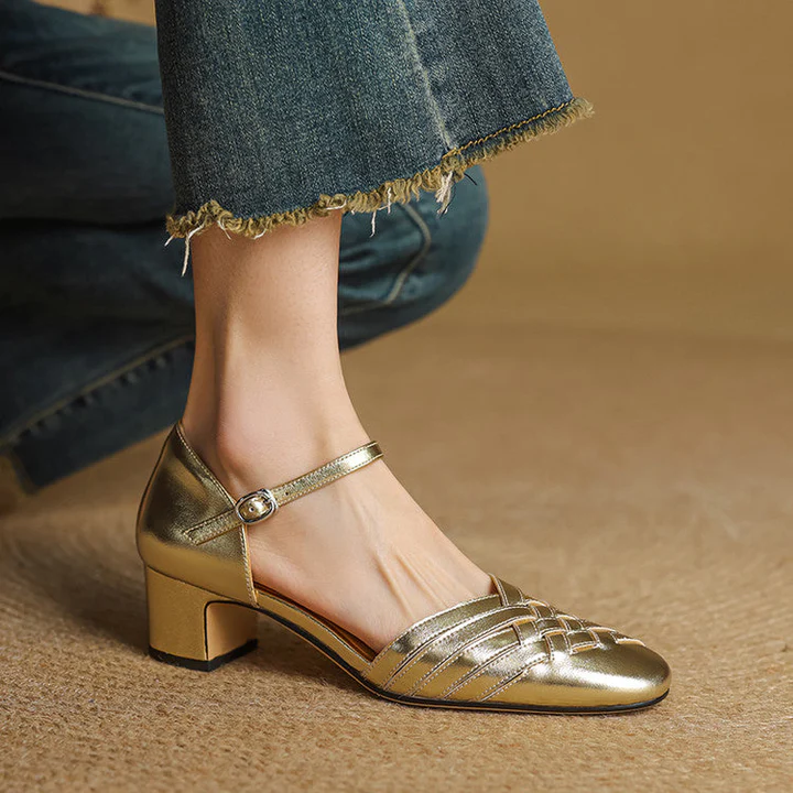 Urbann-Vibe Éliane women's leather block heels with woven toe detail, timeless elegant style